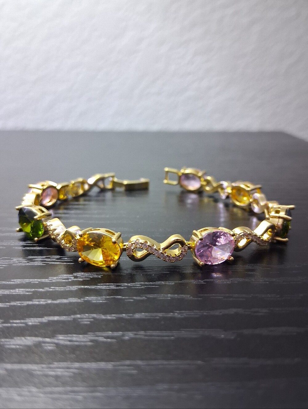 Gold Multi-Stone Infinity Tennis Bracelet with Pink, Yellow and Green Gemstones